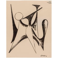 Alexander Calder Signed & Dated India Ink on Paper "Stabile Drawing", USA, 1946