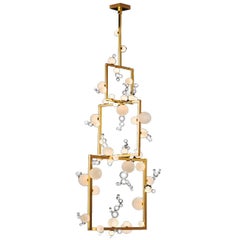 Bollicine Chandelier 'Three modules' Brass and Handblown Glass Pendant Light