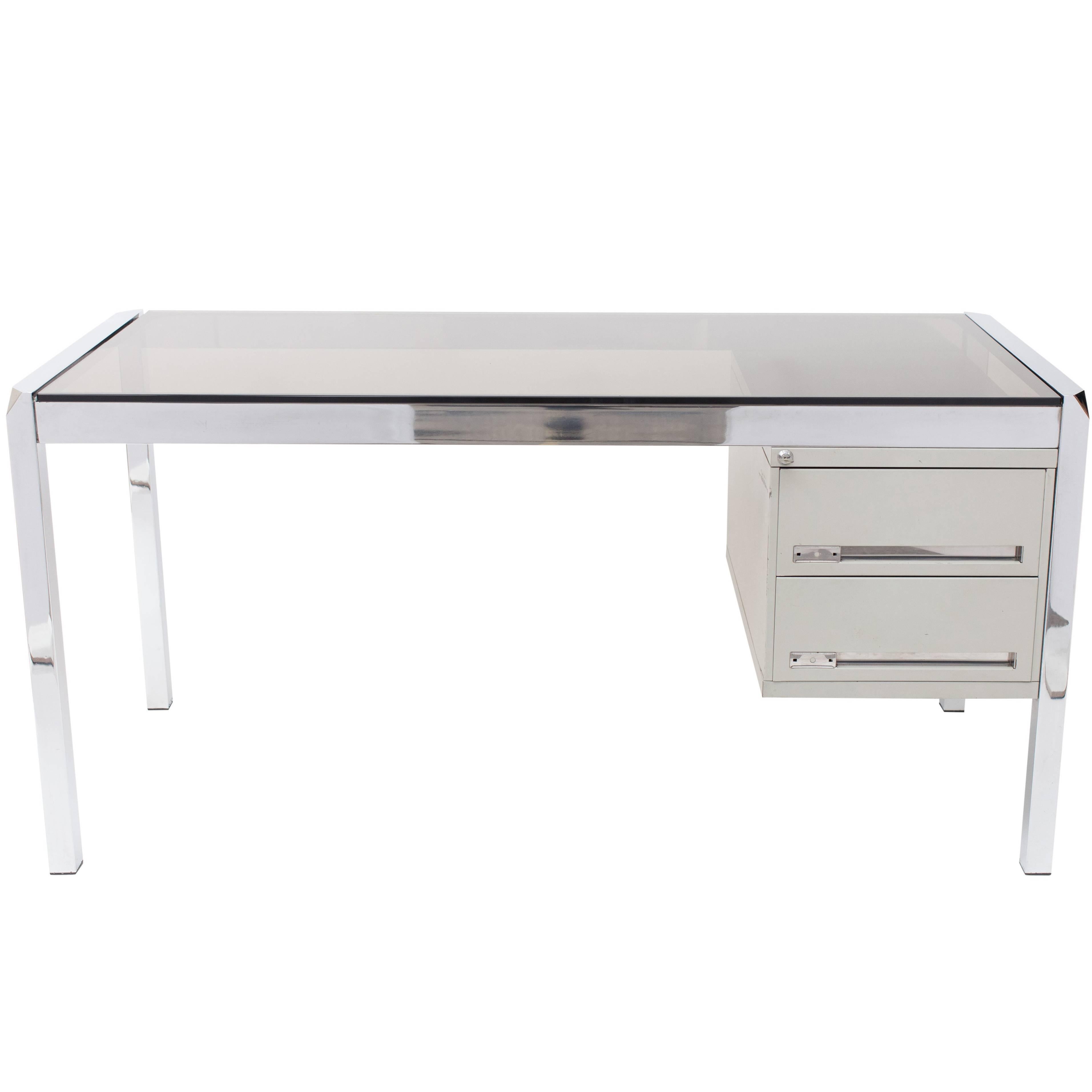 1970S Smoked Acrylic And Glass Trestle Desk, Lucite And Tubular 1970S Smoked Acrylic And Glass Trestle Desk, Lucite And Tubular