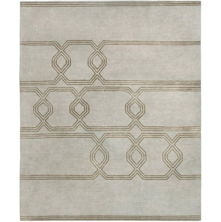 Contemporary Tibetan Rug Hand Knotted In Nepal Turquoise Green Contemporary Tibetan Rug Hand Knotted In Nepal Light Grey Green Brown