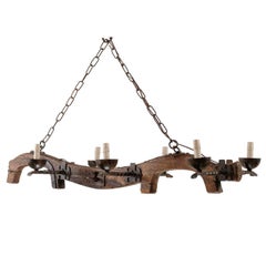 Midcentury Spanish Ox Yoke Wood Beam and Iron Six-Light Chandelier
