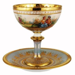 Vintage Ambrosius Lamm Hand-Painted Footed Cup and Saucer Gilt Romantic