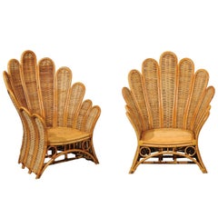 Majestic Restored Pair of Vintage Rattan and Wicker Palm Frond Club Chairs