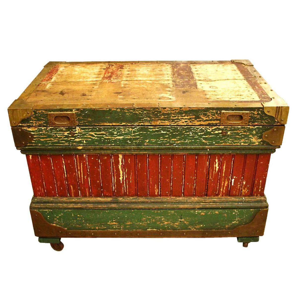 1800s Rare Crafted Tool Box Trunk with Original Paint with Many Compartments