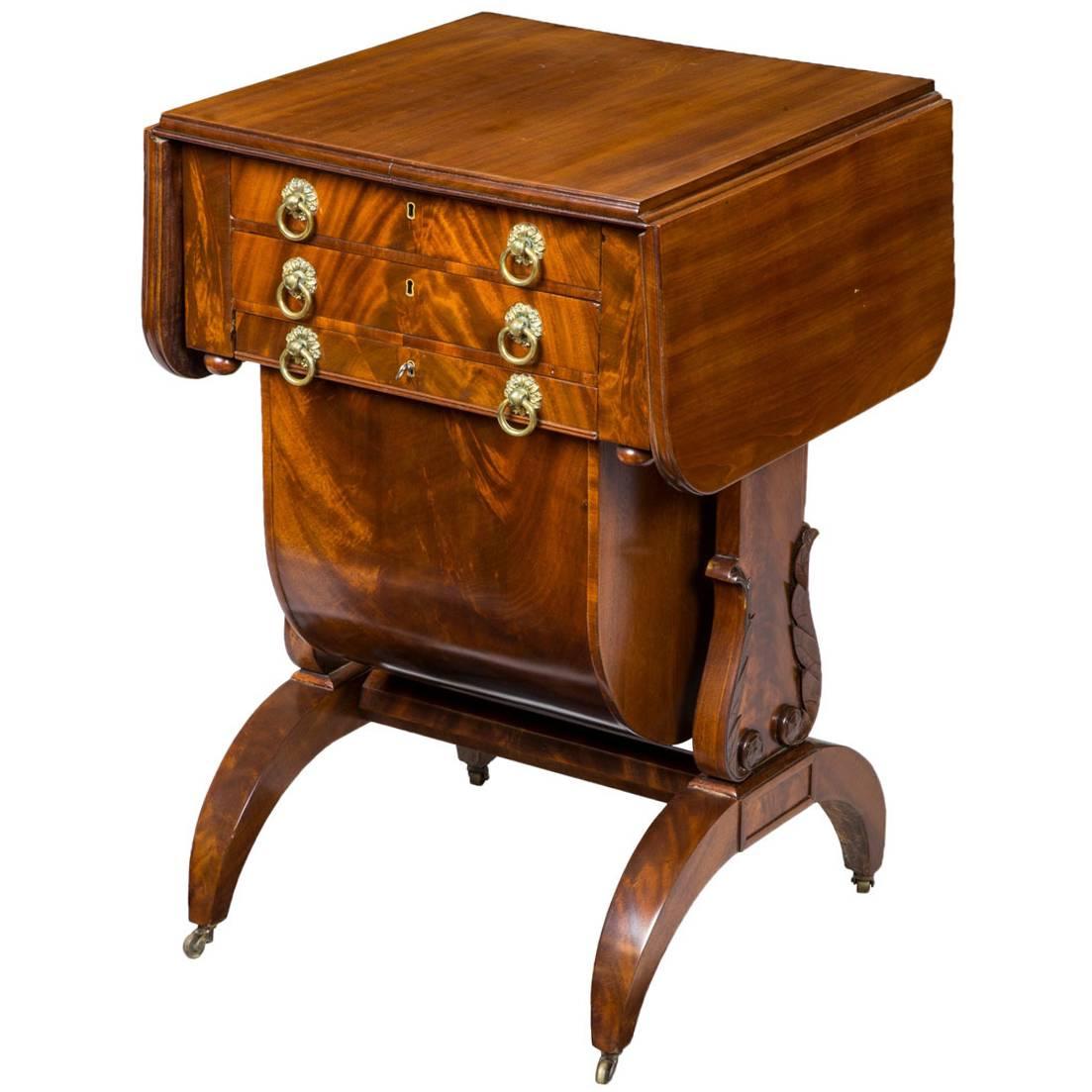 Classical Mahogany Work Table with Carved Lyre Supports, Boston, circa 1820