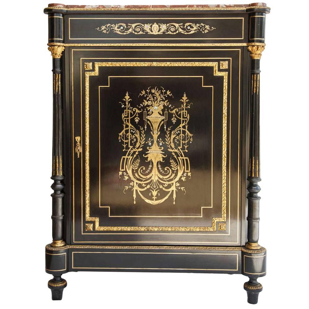 Ebonized Pearwood Napoleon III Bar or Entry Cabinet with Bronze Inlay