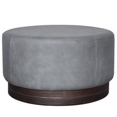 Contemporary Large Pouf in Leather on Smoked Oak Base with Steel Decor