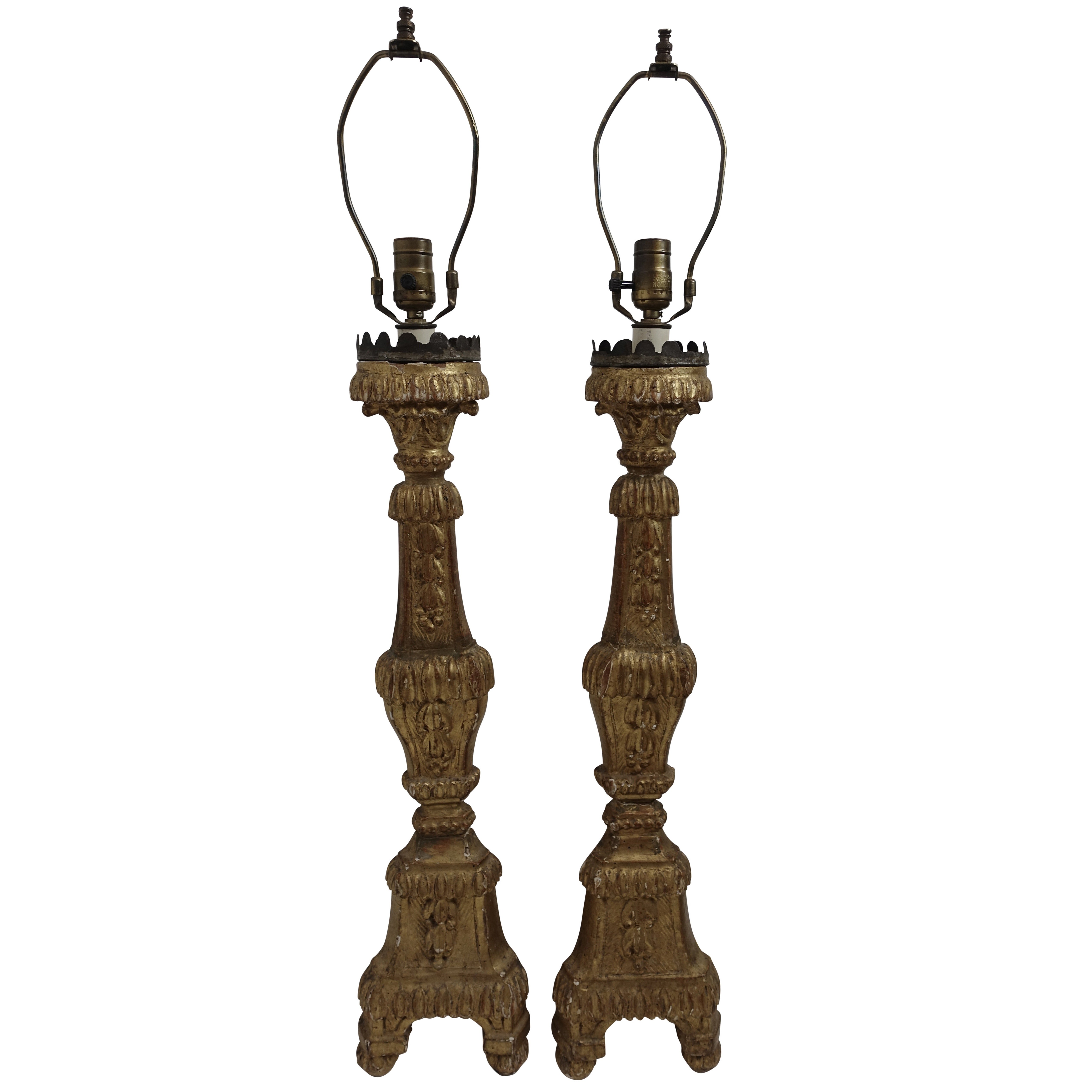 Pair of Neoclassical Italian Carved Gold Giltwood Candlestick Table