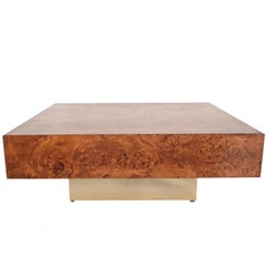 Willy Rizzo Style, Burl Wooden Coffee Table Square with Brass Base, Italy, 1970s