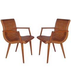 Pair of Mid-Century Modern Cane and Oak Danish Modern Style Armchairs