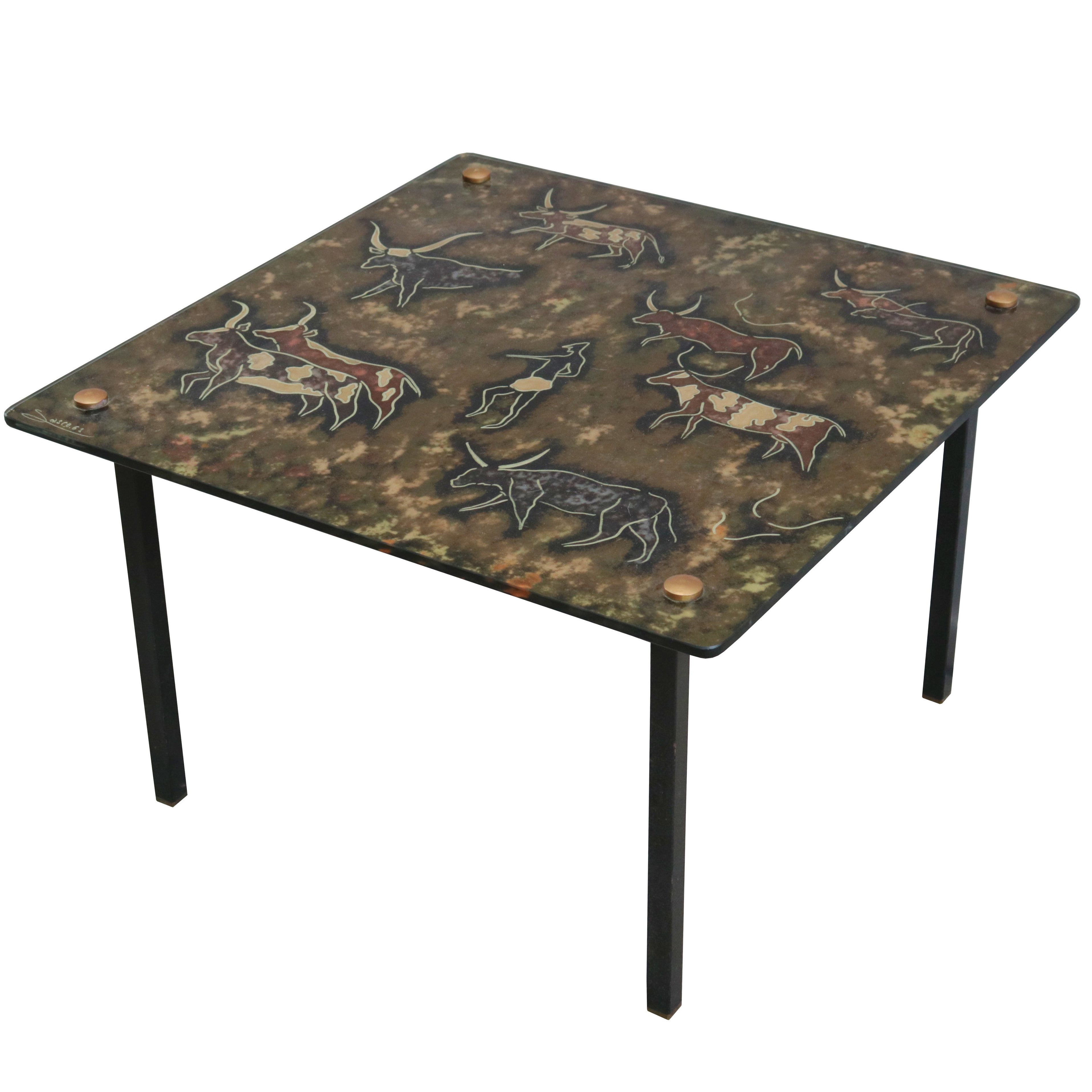 Eglomise Silver Glass with Gold Leaf Greek Key Top Side Table For Sale