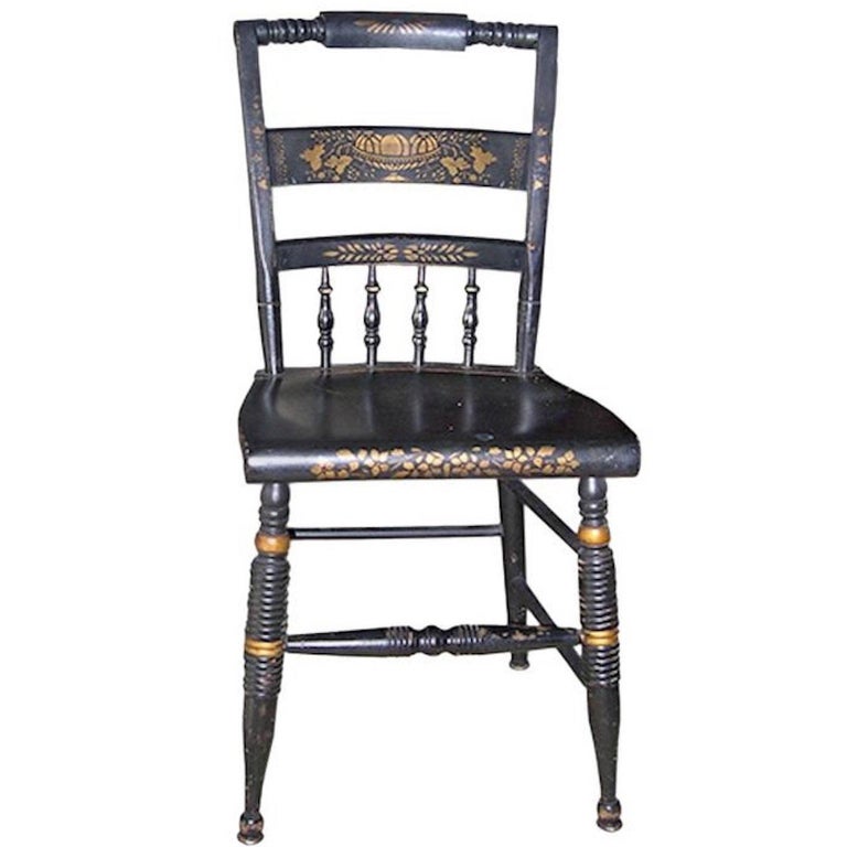French 19th Century Side Chair Painted Black With Decorative Design French 19th Century Side Chair Painted Black With Decorative Design In Gold For