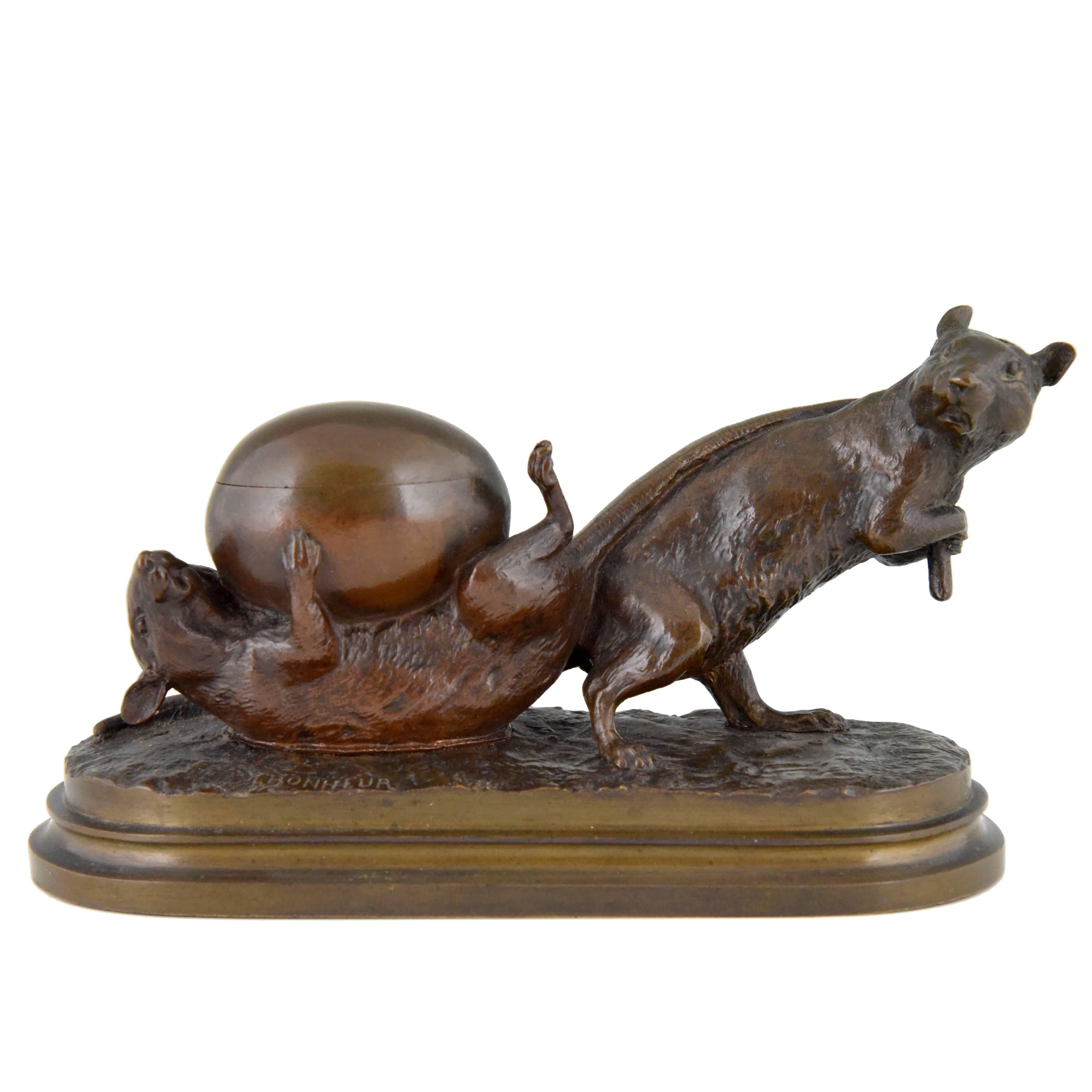 French Antique bronze sculpture of two mice & egg by Isidore Bonheur 1880