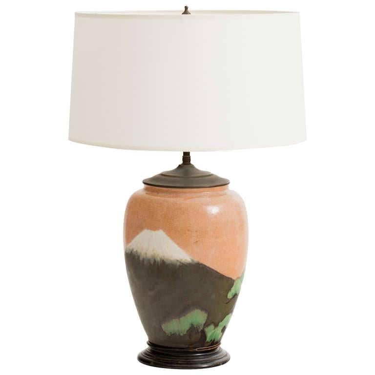 Japanese Matte Glaze Arts and Crafts Pottery Lamp For Sale