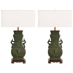 Verdigris Bronzed Metal Chinese Urn Lamps