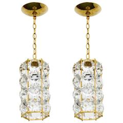 German 1960s Gilt Brass and Hexagonal Crystal Chandeliers 2