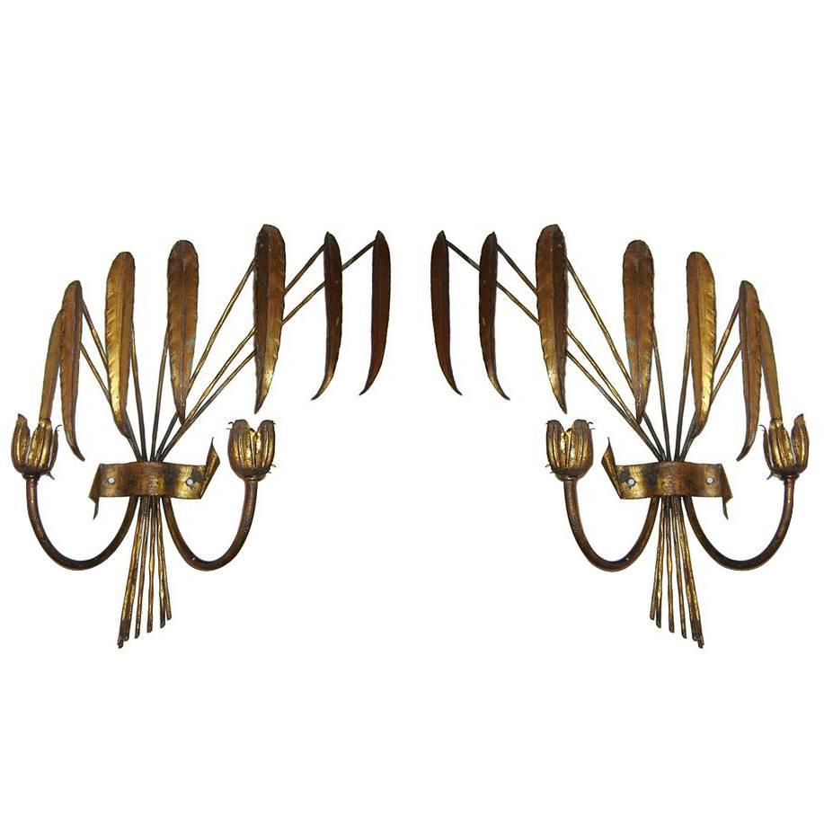 Pair of Palm Tree Gilt Metal Sconces For Sale