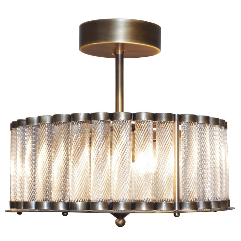 Italian Antique Bronze Finish Crystal Murano Glass Flush Mount Italian Antique Bronze Finish Crystal Murano Glass Flush Mount Drum Chandelier For