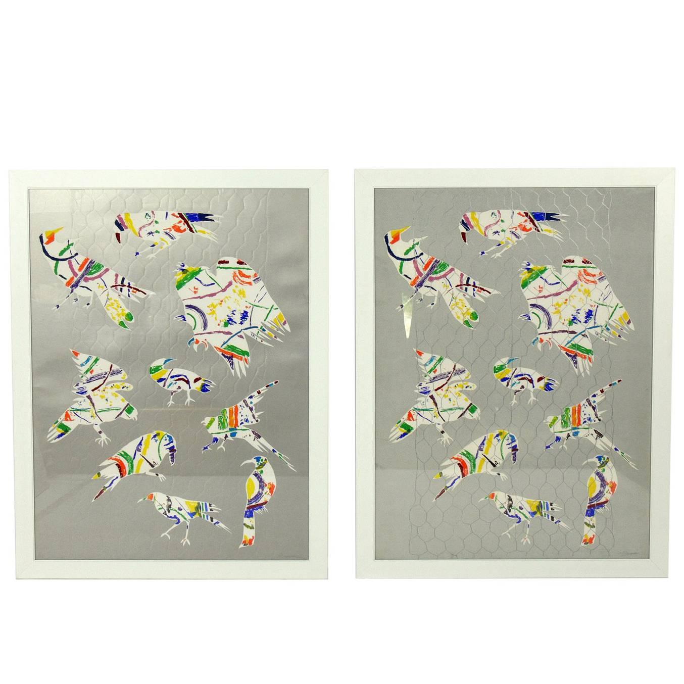 Pair of Colorful Bird Lithographs For Sale