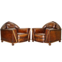 Pair of Lovely Restored Gothic Steeple Back Pugin Style Brown Leather Armchairs