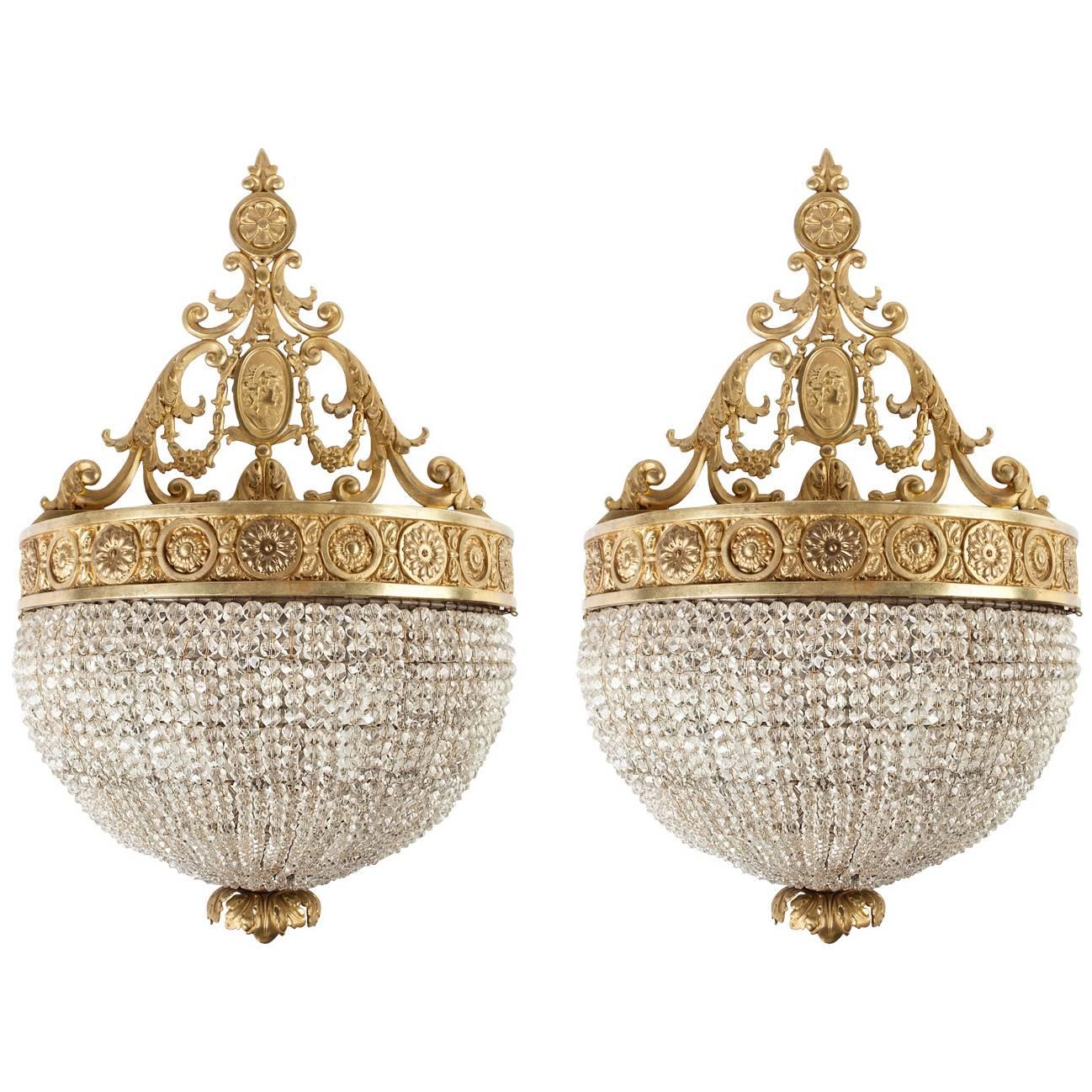 Gilded Brass Sconces with Cut Crystal Beaded Half Dome Bodies, Circa 1920s For Sale
