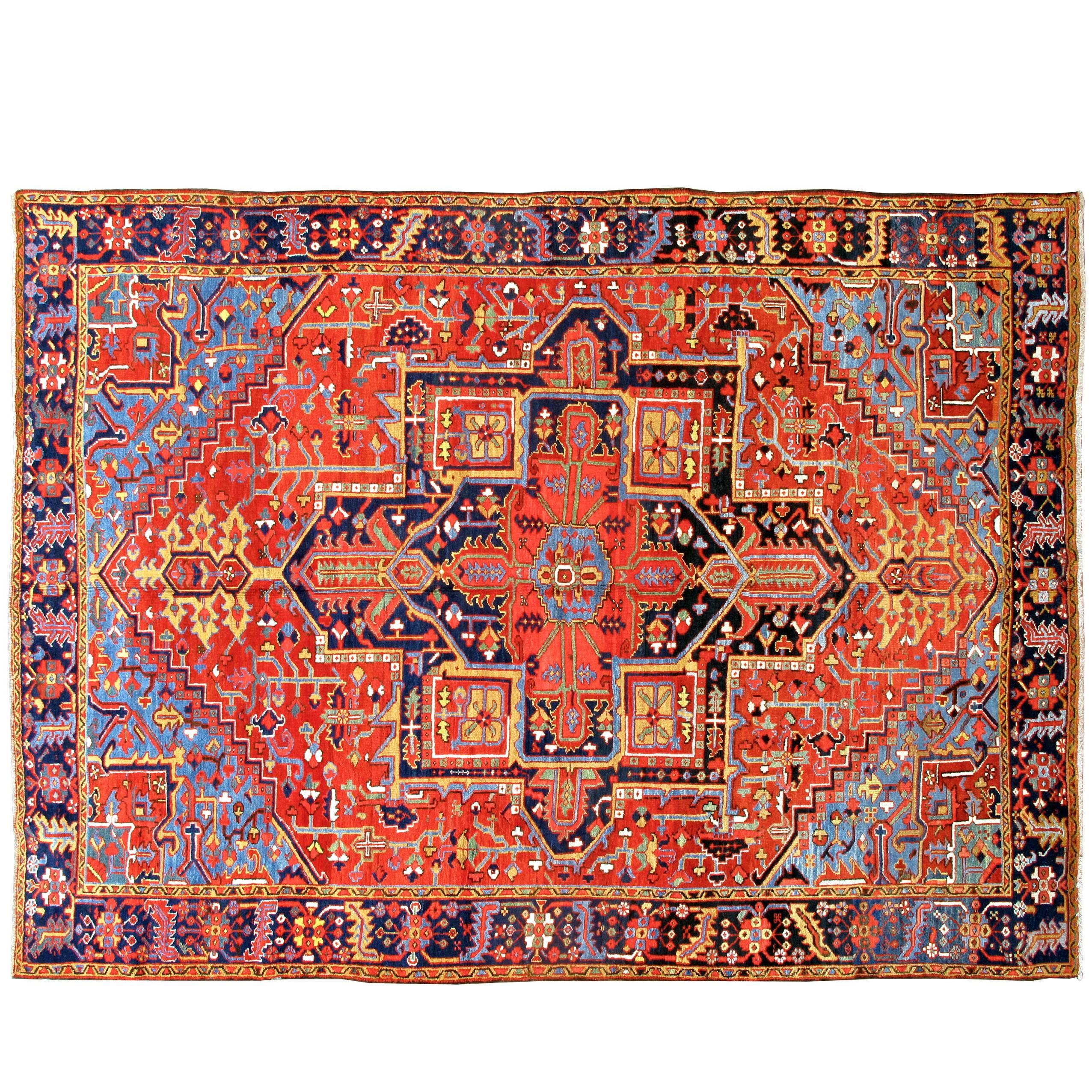 Early 20th Century Red, Blue Persian Heriz Carpet