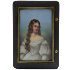 Antique Snuff Trinket Box Ebonized Wood Porcelain Miniature Portrait
