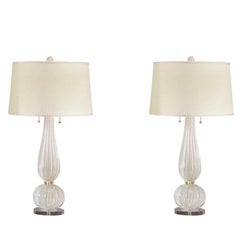 Pair Italian Mid-Century Modern White & Gold Murano / Venetian Glass Table Lamps