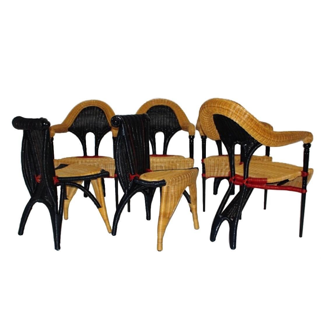 Six chaises de salle à manger postmodernes en rotin vintage par Borek Sipek, République tchèque, 1988 