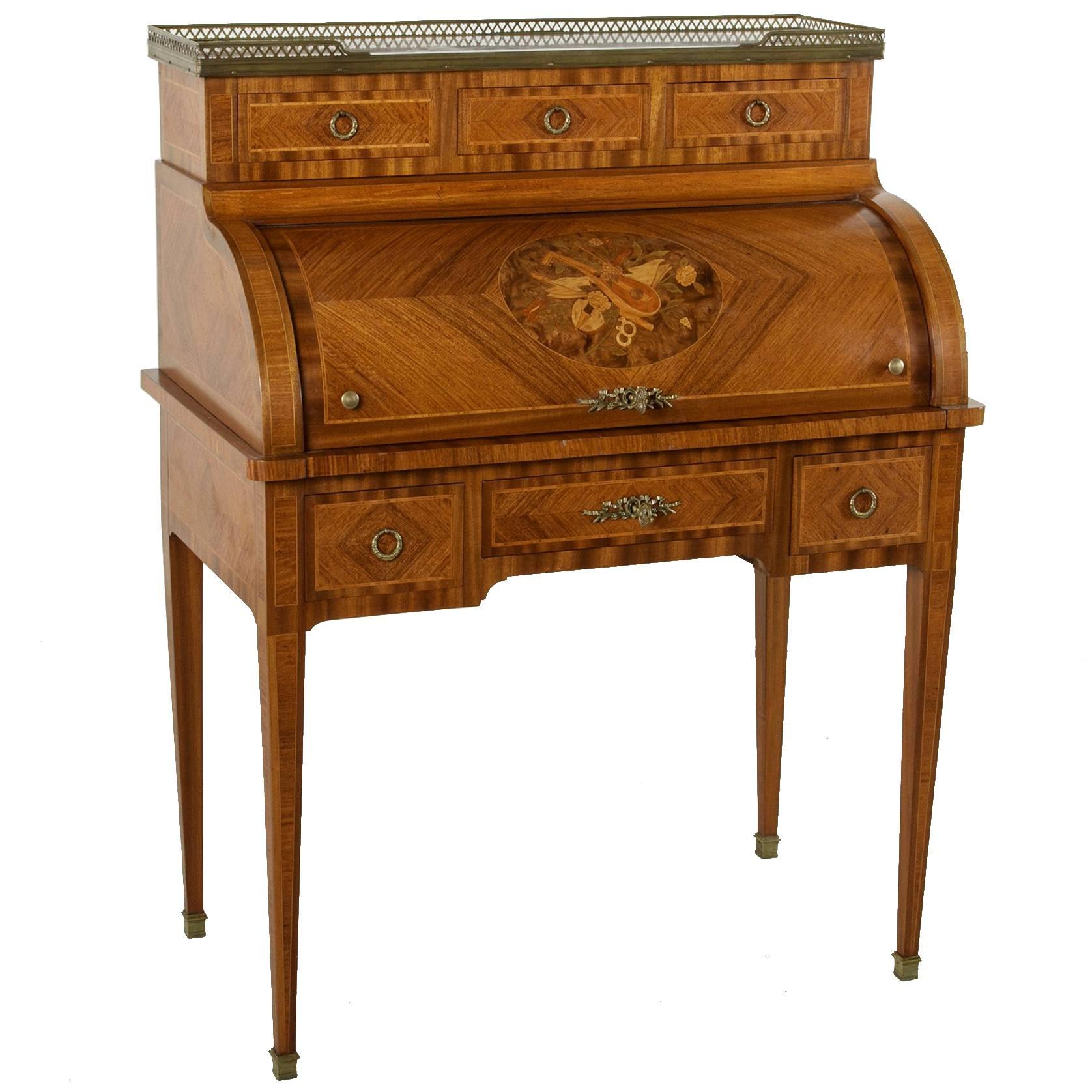 19th Century Louis XVI Marquetry Cylinder Desk With Inlaid Musical Instruments