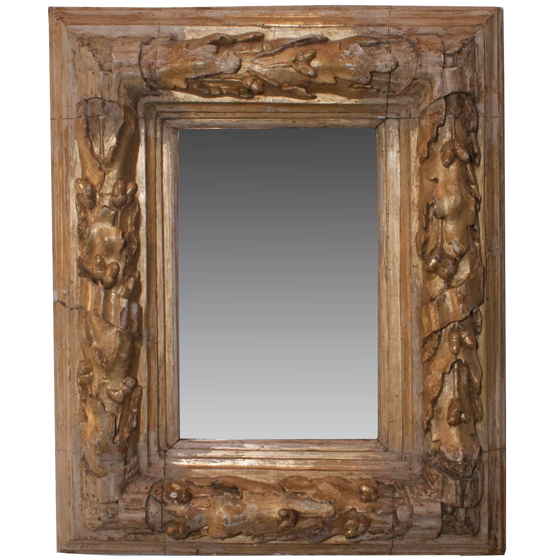 French Gilt Carved Wood Oak Leaf and Acorn Framed Mirror