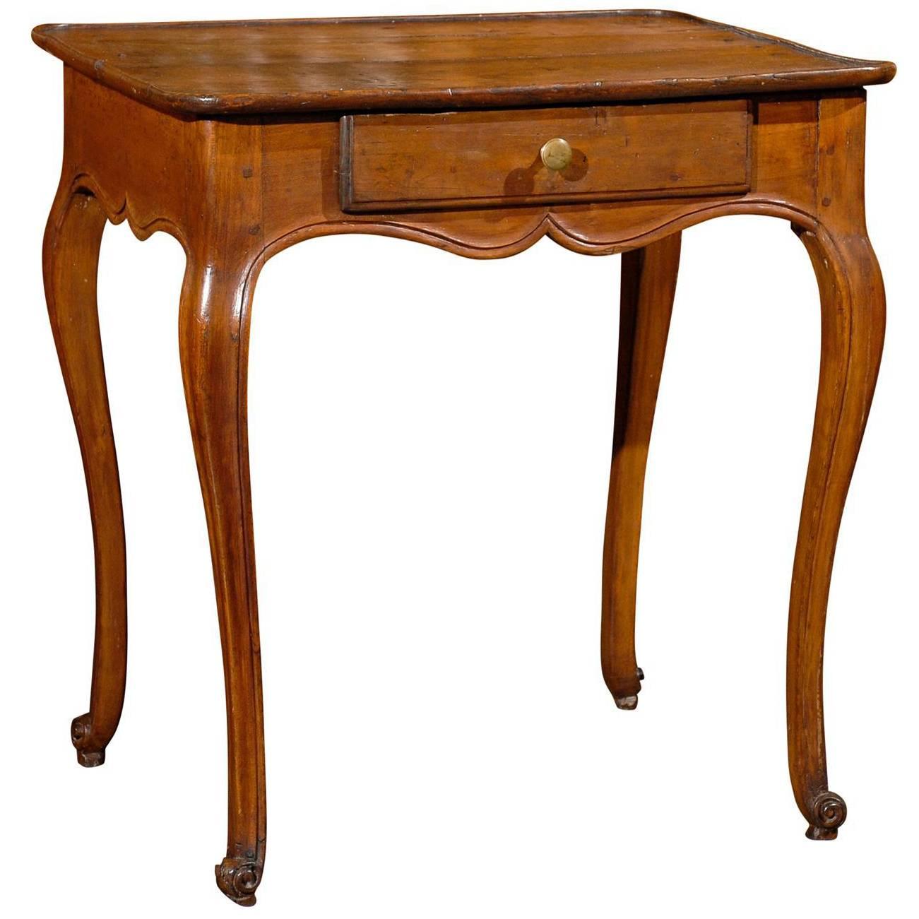 French 1840s Louis XV Style Walnut Side Table Single Drawer and Cabriole Legs