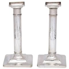 Antique Pair of Tiffany Sterling Silver Column Form Candlesticks