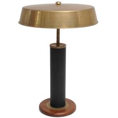 Retro Leather Stem Stateroom Table Lamp with Brass Shade, Mid-Century Nautical
