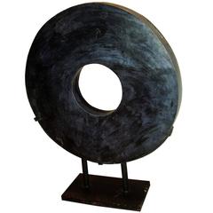 Large Black Stone Coin Sculpture on Stand