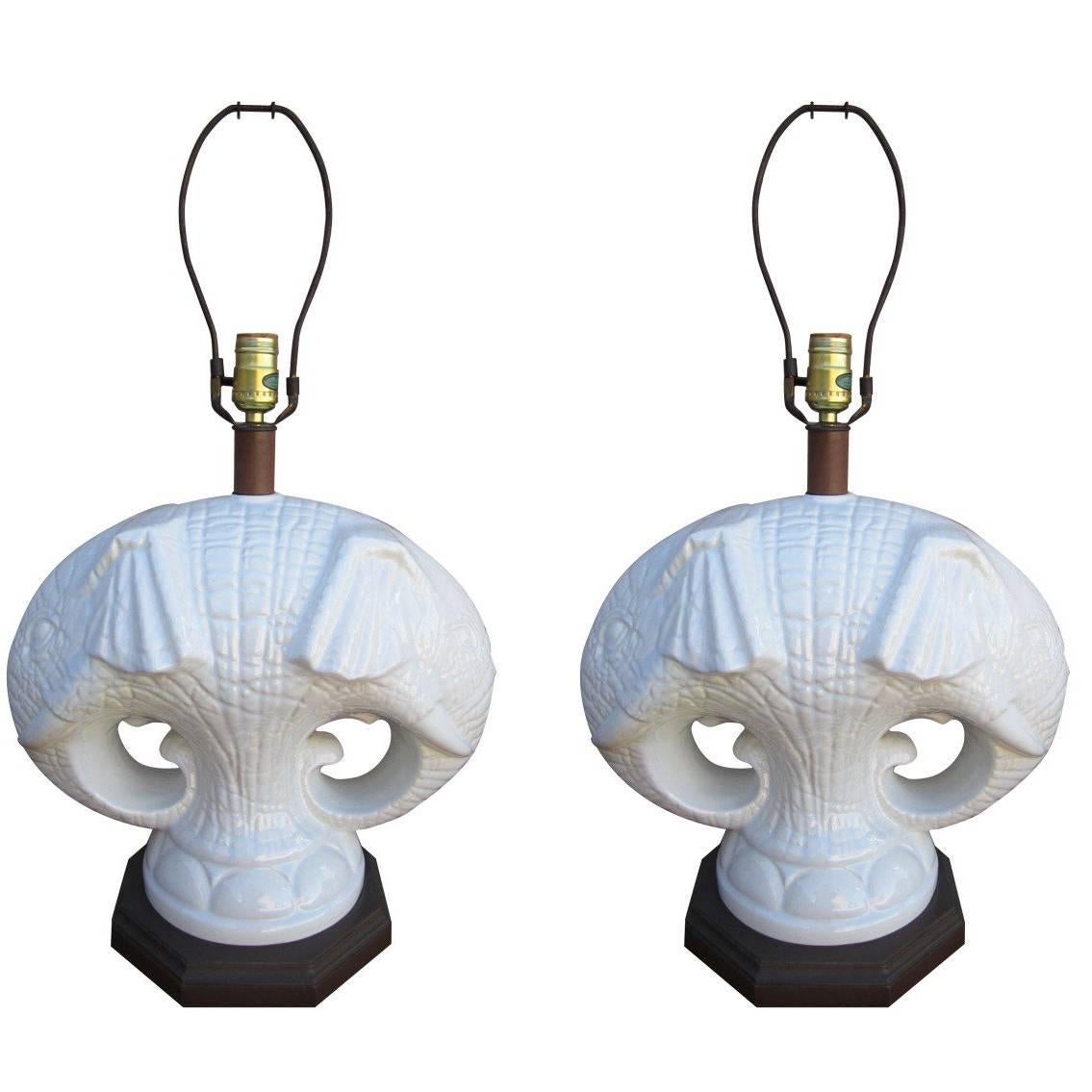 Pair of Exotic Regency Modern White Ceramic Double Elephant Lamp