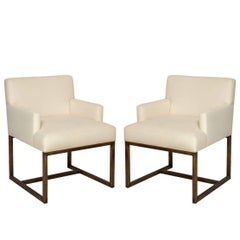Pair of Modern Upholstered Armchairs on Square Brass Bases, France, circa 1975