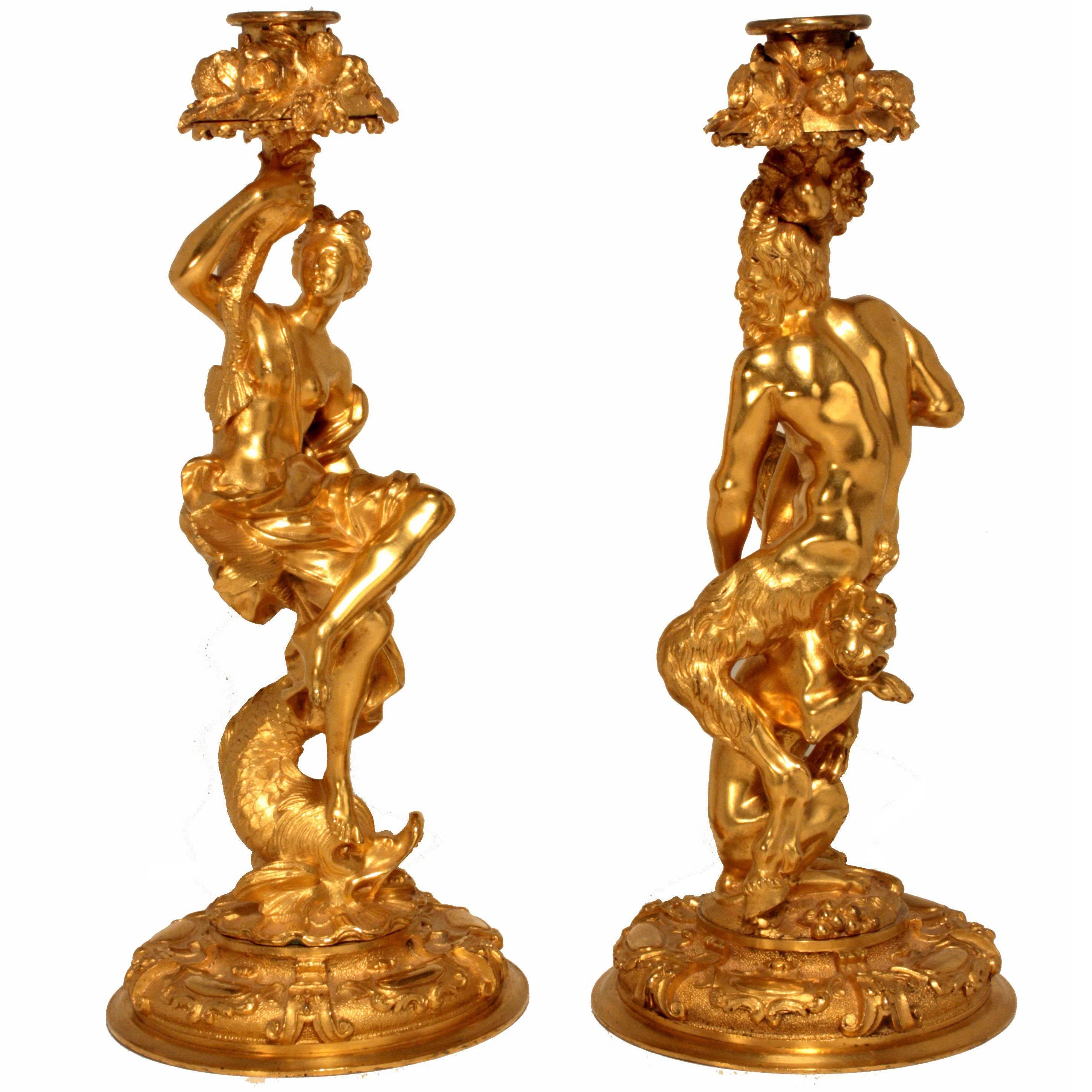 Pair of Antique French Gilt Bronze Figural Candlesticks