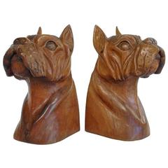 Hand-Carved Wooden Bulldog Bookends