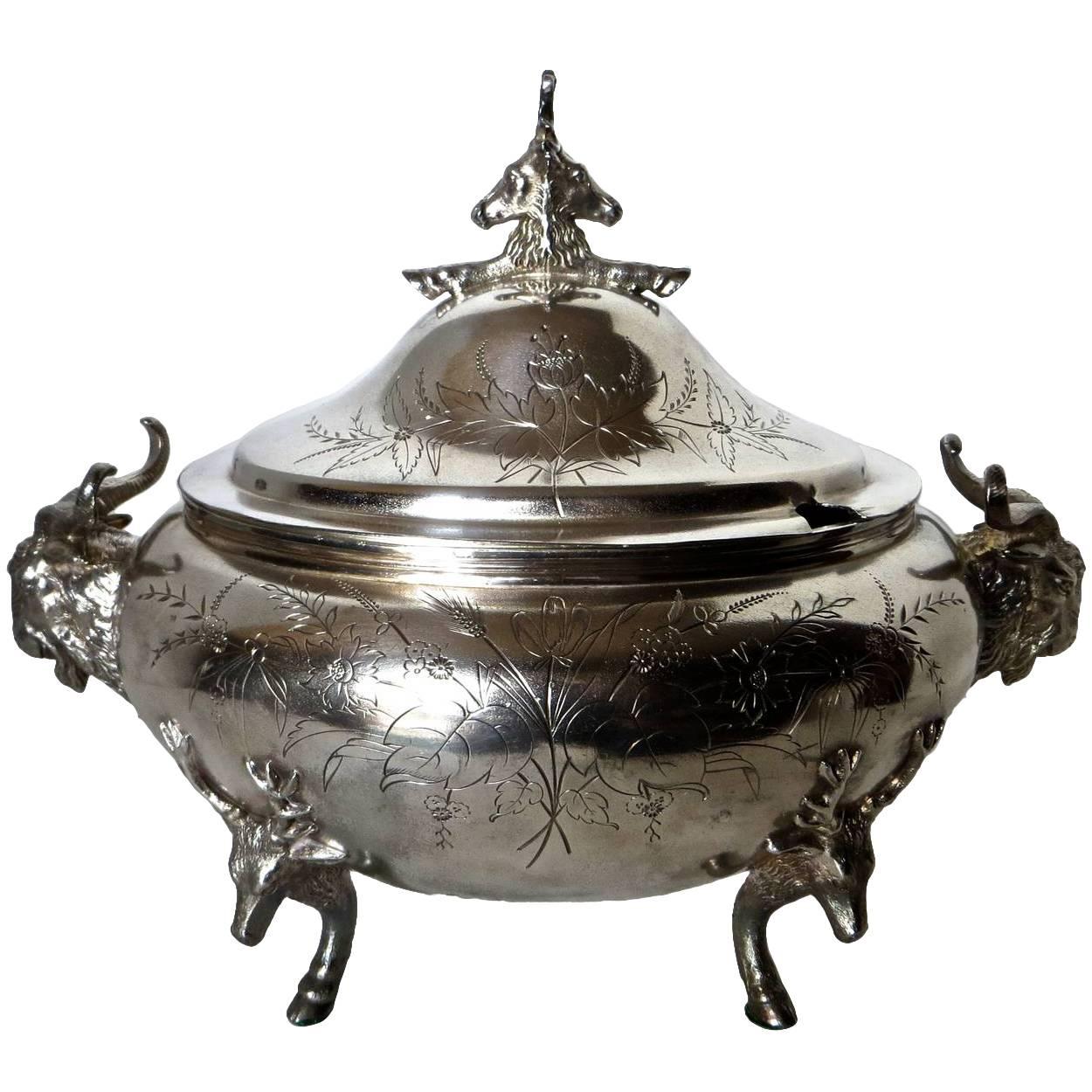 Silver Plated Covered Tureen with Deer and Ram Motif, circa 1885, Meriden For Sale