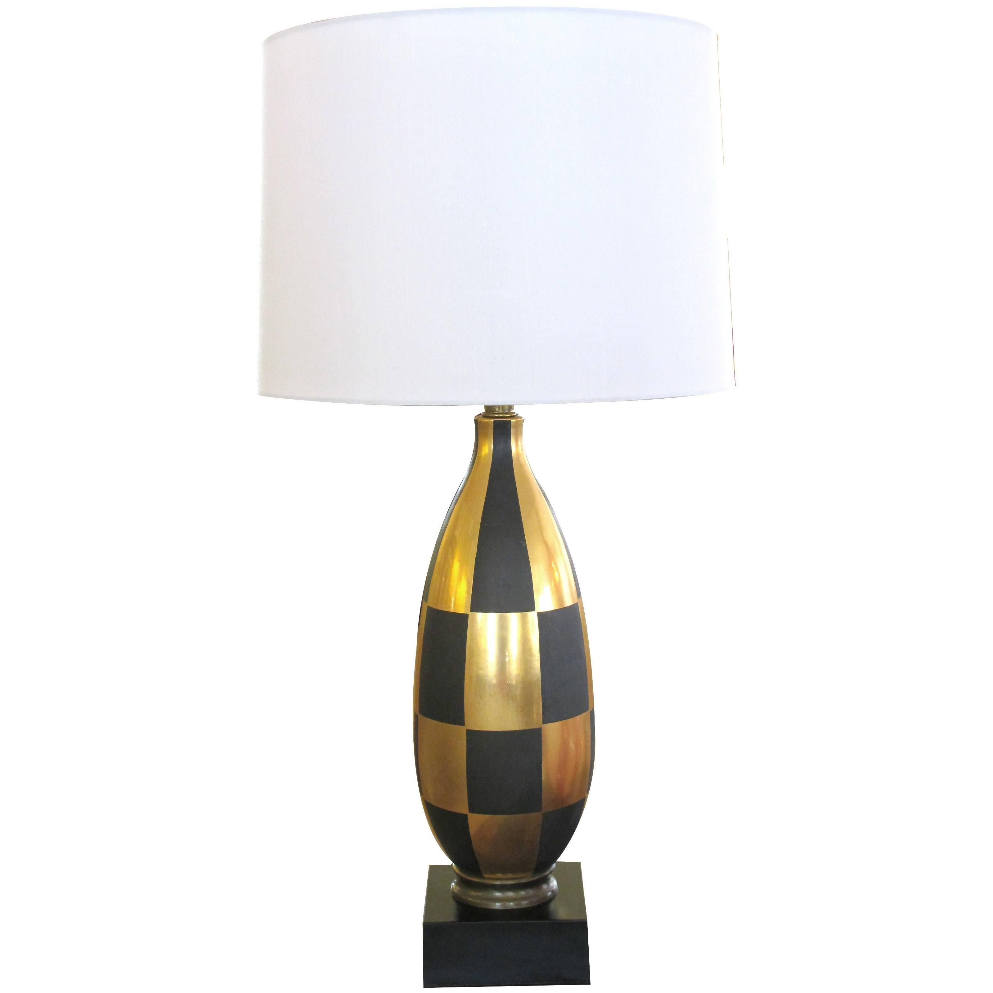 Stylish Italian 1960s Gold and Black Porcelain Lamp with Harlequin Design