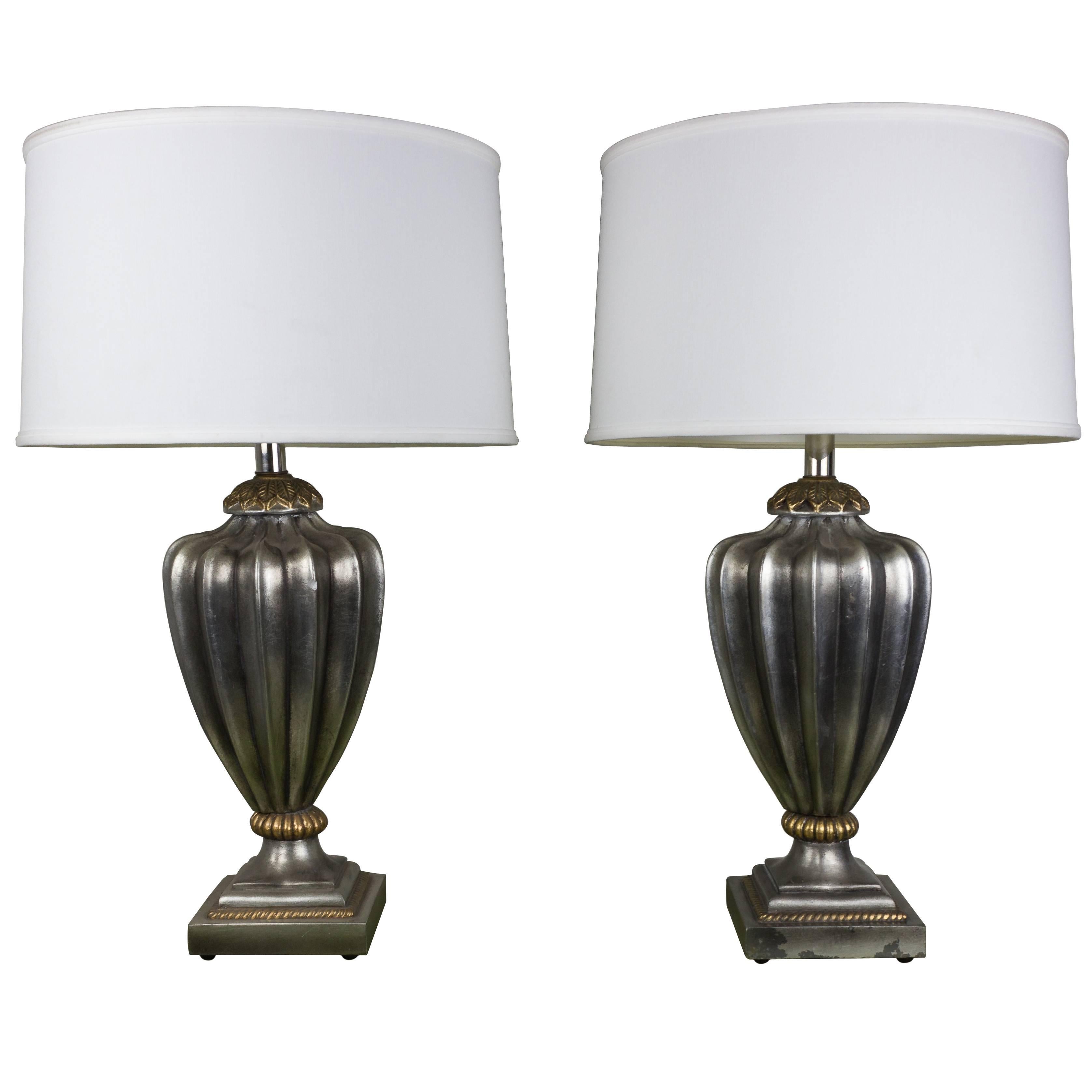 Pair of Silvered French Mid-Century Sculpted Resin Lamps With Gilt Accents