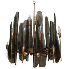 Smoked Lucite and Brass Chandelier in the Style of Max Ingrand