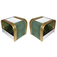 Romeo Rega 1970s Brass and Chrome Open Side Tables with Green Velvet Sides 5