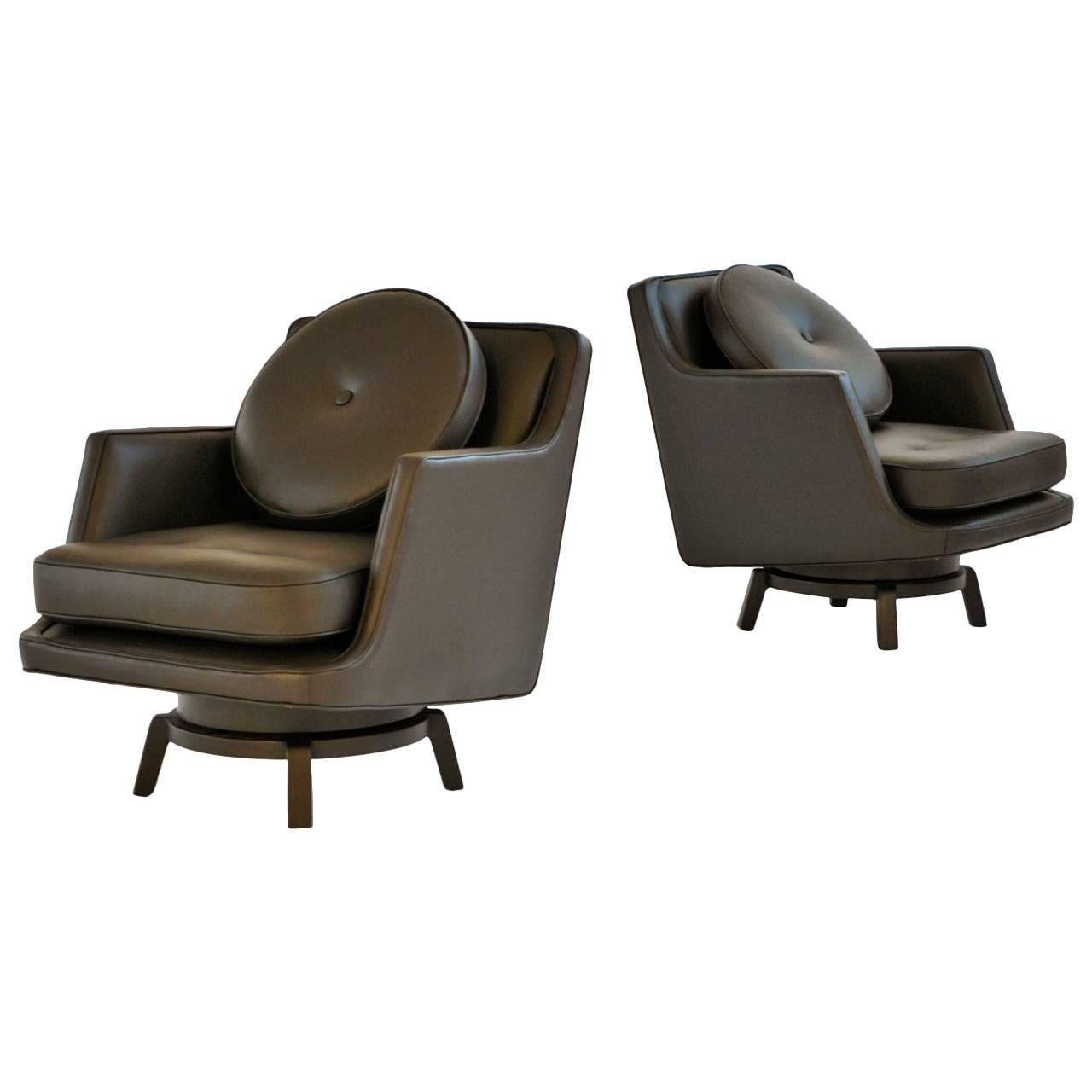 These beautiful Edward Wormley armchairs have been recovered in Spinneybeck chocolate brown leather. Dunbar model #5609.