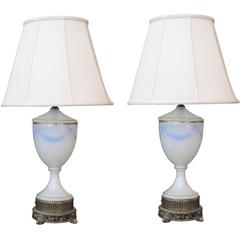 Pair of French White Opaline Urn-Form Lamps with Hand-Painted Garland