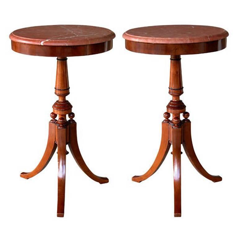 Pair of Danish Neoclassical Style Walnut Circular Tripod Side Tables