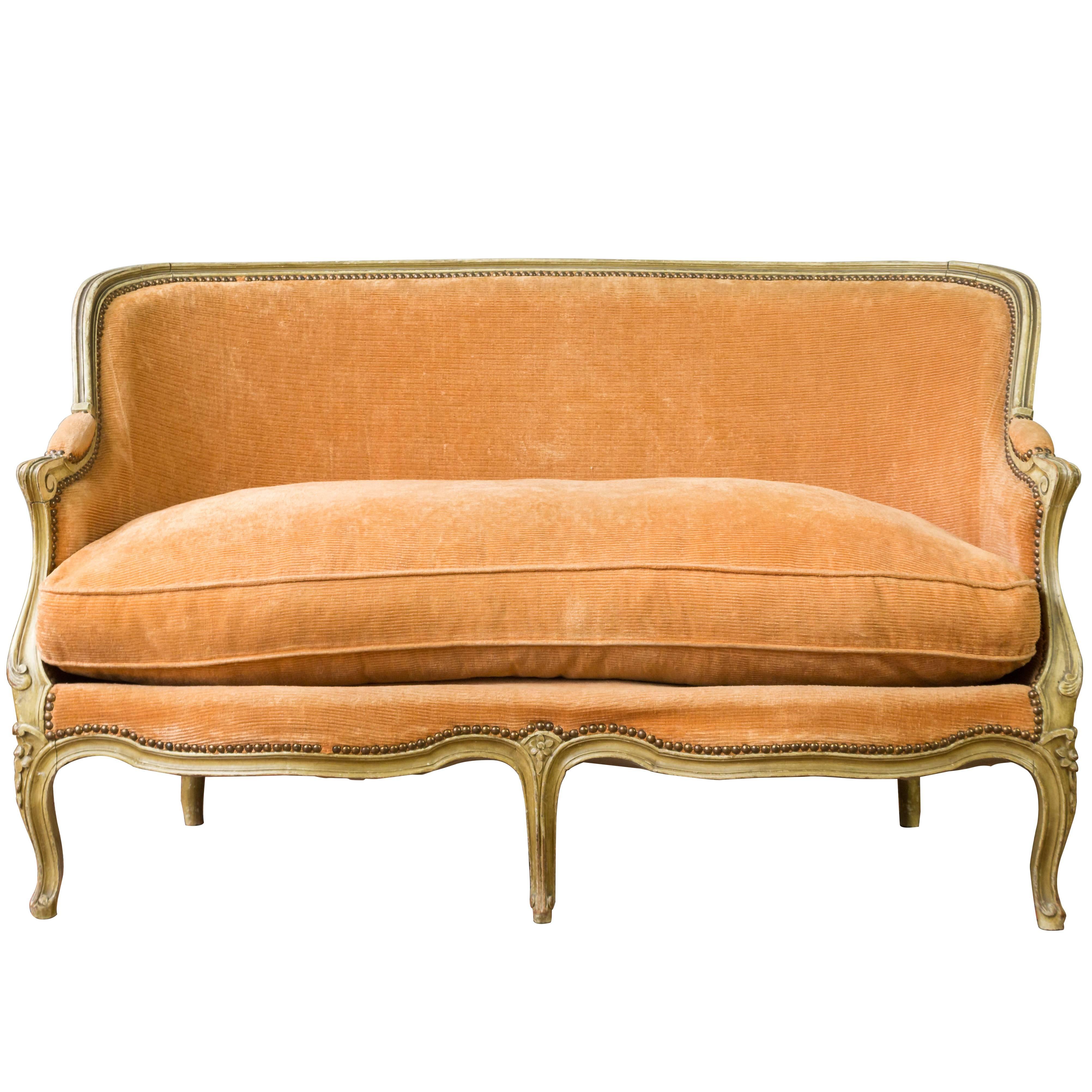 Small French Louis XV Style Settee in Pale Apricot Velvet