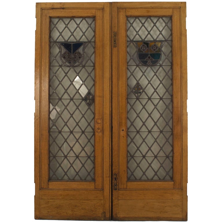 Large Pair Of 19th C American Leaded Glass Golden Oak Doors For