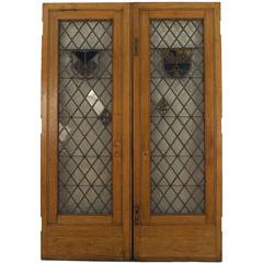 Large Pair of 19th c. American Leaded Glass Golden Oak Doors 5